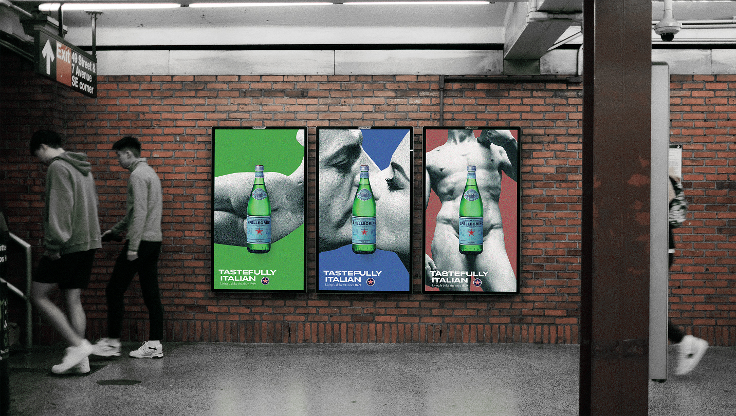 Advertising posters in a New York City subway station.