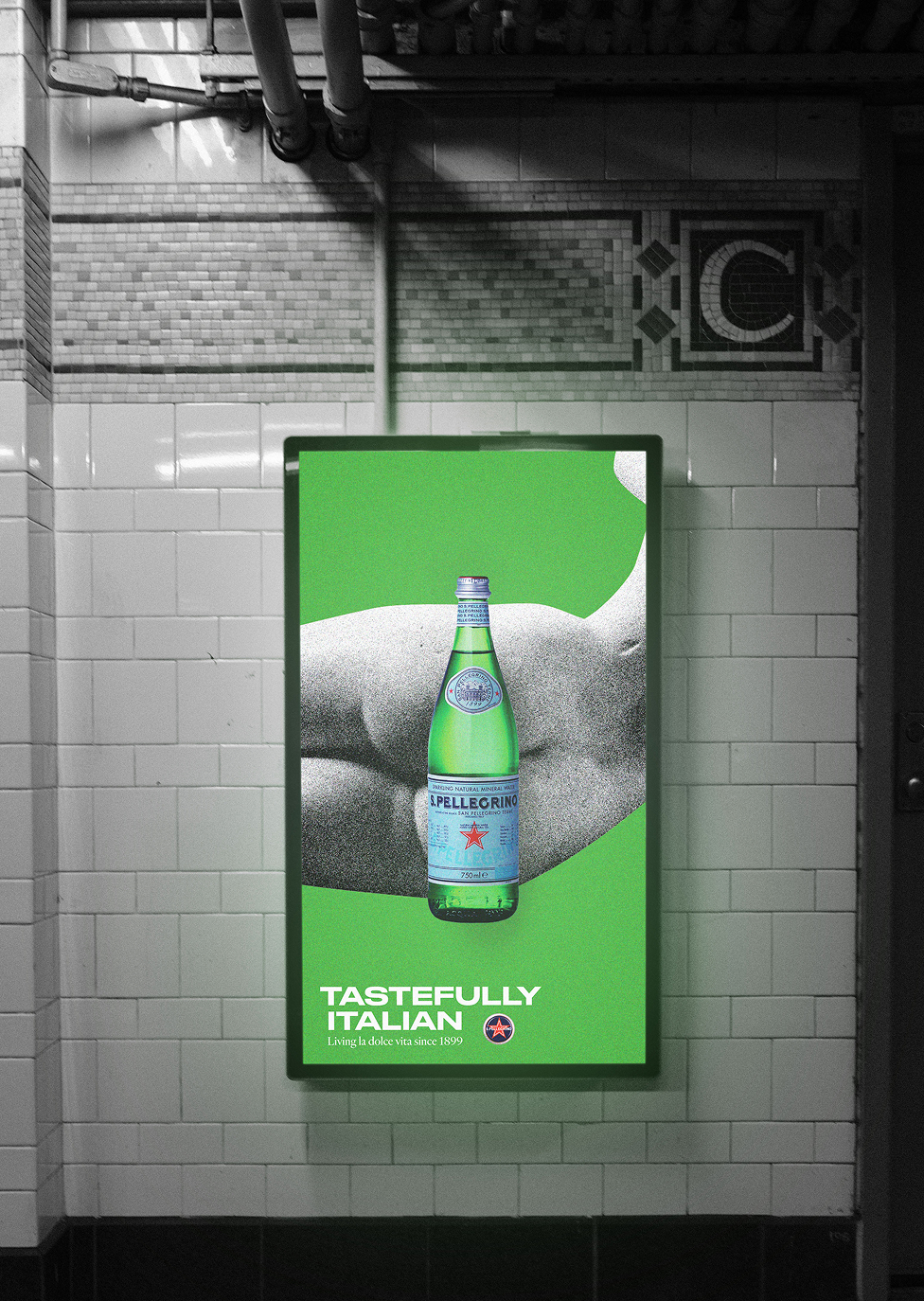 Advertising poster in a dark city subway.