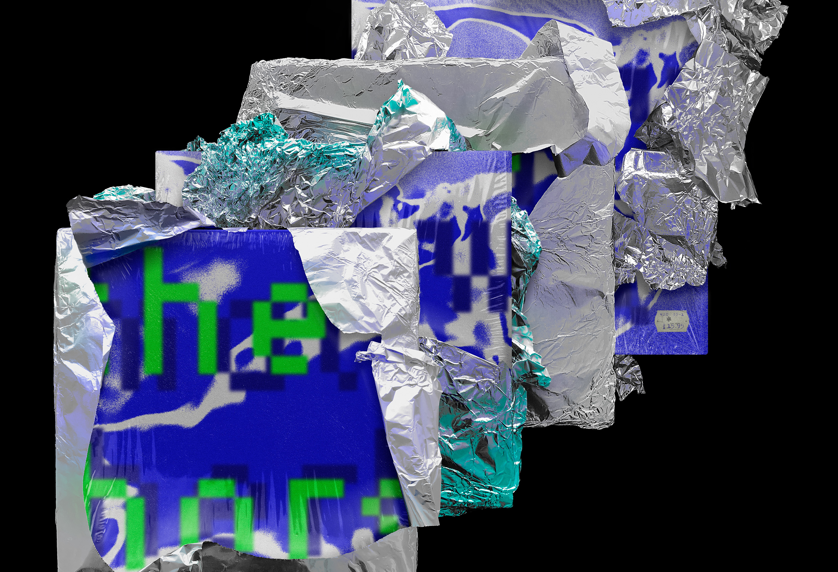 Four vinyl records wrapped in tinfoil.